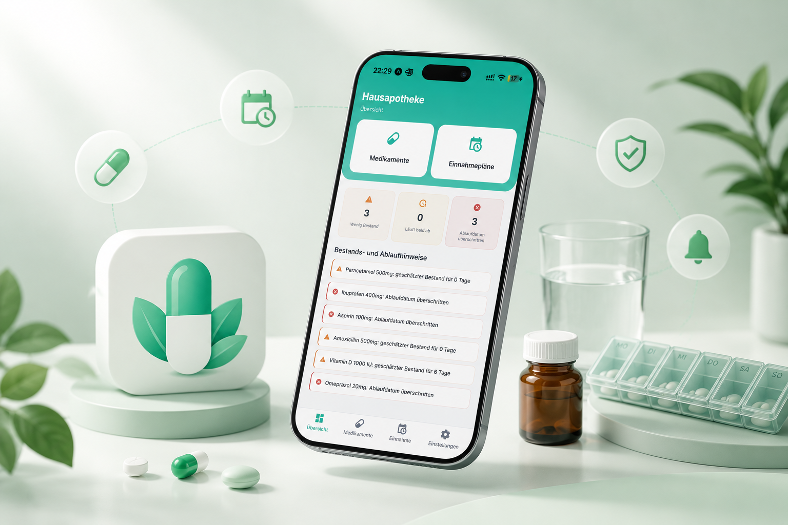 Bliscare App-Oberfläche mit organisierter Medikamentenübersicht